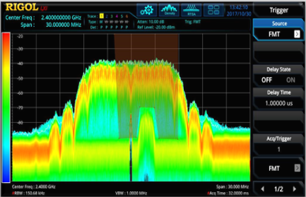 Identify specific signals of interest with frequency mask, power triggers, or use external triggers to time correlate digital signals for additional analysis.